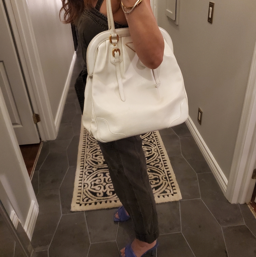 Prada White Leather Frame Satchel Bag